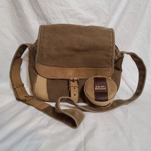 LL Bean Cotton Canvas Shoulder Bag Satchel  Purse Leather Trim Messenger Khaki